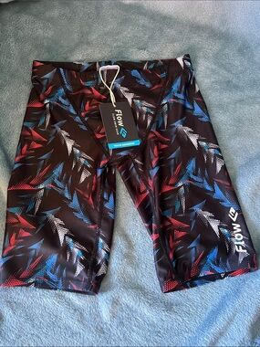 Flow Kids' Black Swim Trunks with Red, Blue & White Pattern